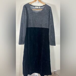 Vintage Large Nordstrom Black Grey Stripe 90s Velvet Long Sleeve Y2K Dress L